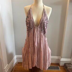 Vintage Free People Mauve Pink Halter Embroidered Babydoll Slip